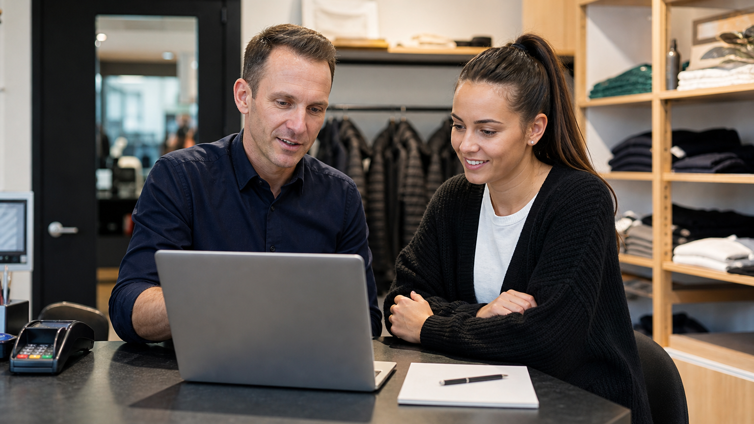 A manager and an employee reviewing payroll and payslip details on a laptop in a retail back office