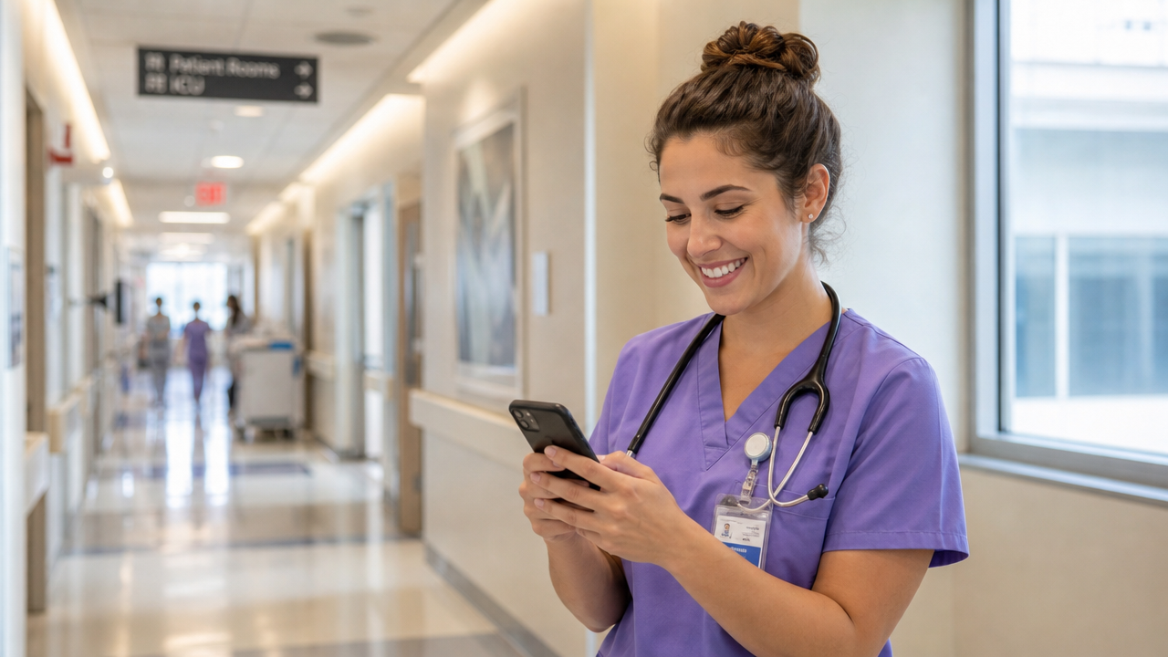 A smiling healthcare worker in scrubs checking a shift notification on a mobile phone in a bright hospital corridor