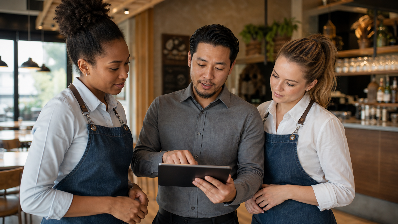 Restaurant team reviewing a shift schedule together during a morning meeting