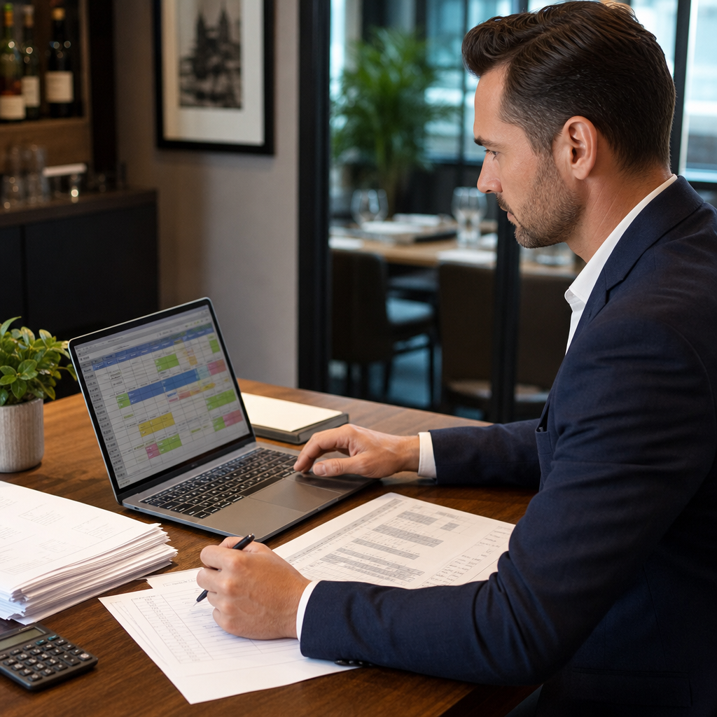 Hospitality manager reviewing a digital staff rota on a laptop in a restaurant office