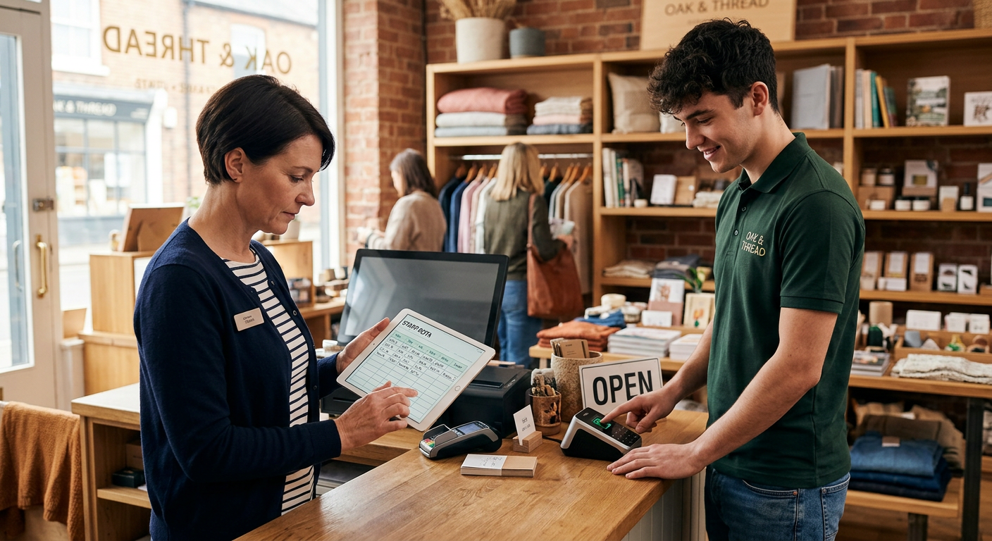 Retail shop manager checking a staff rota on a tablet while a team member clocks in at the counter