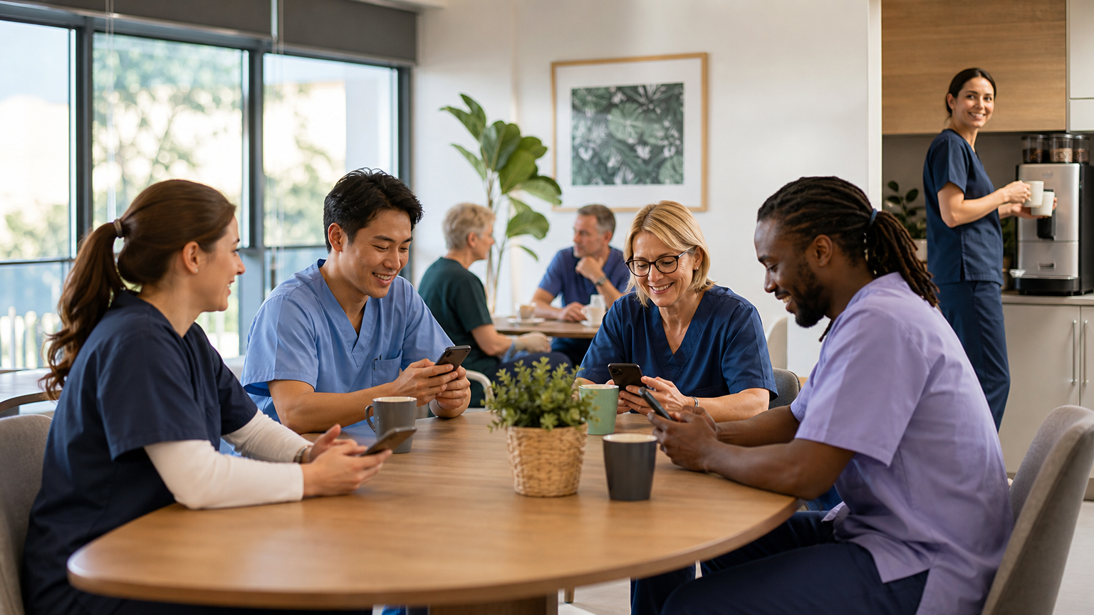 Aged care workers in a facility break room checking phones for schedules