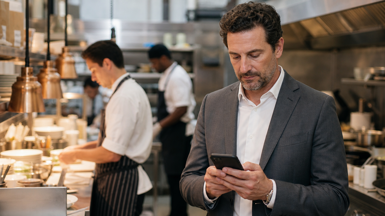 Hospitality manager checking employee schedules on a smartphone in a restaurant kitchen