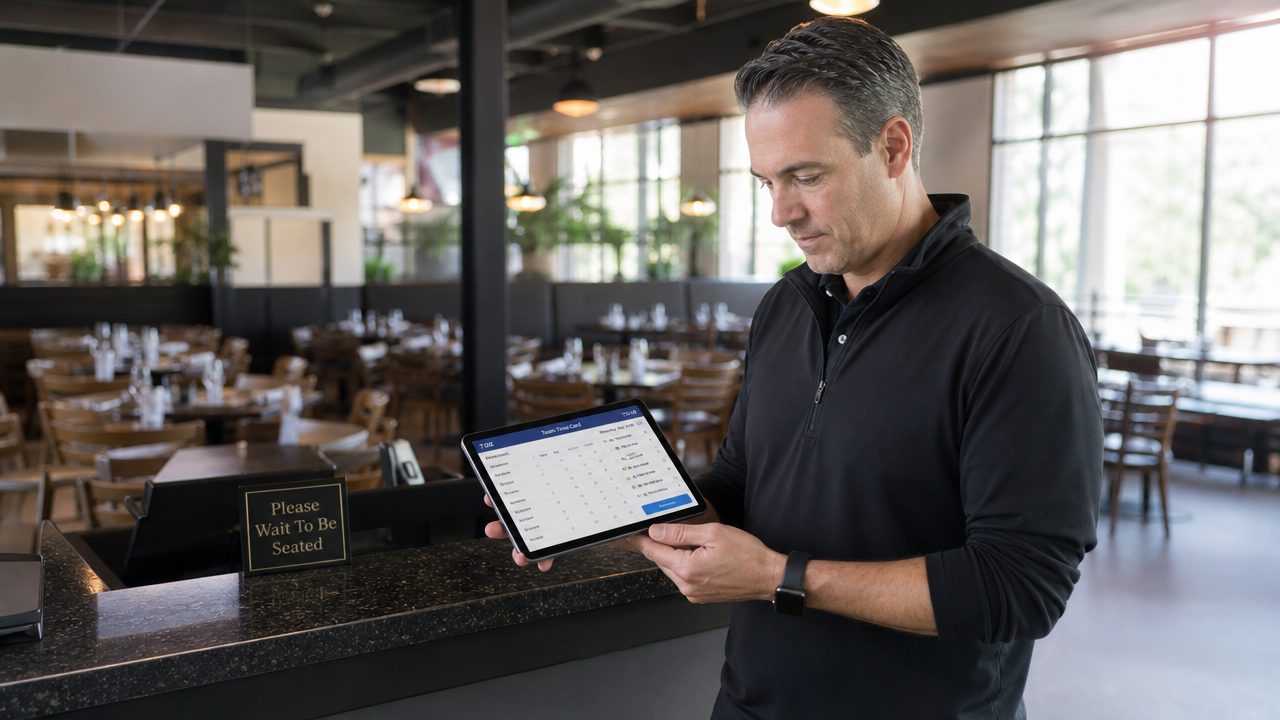 Restaurant manager checking attendance records on a tablet at the host stand before service