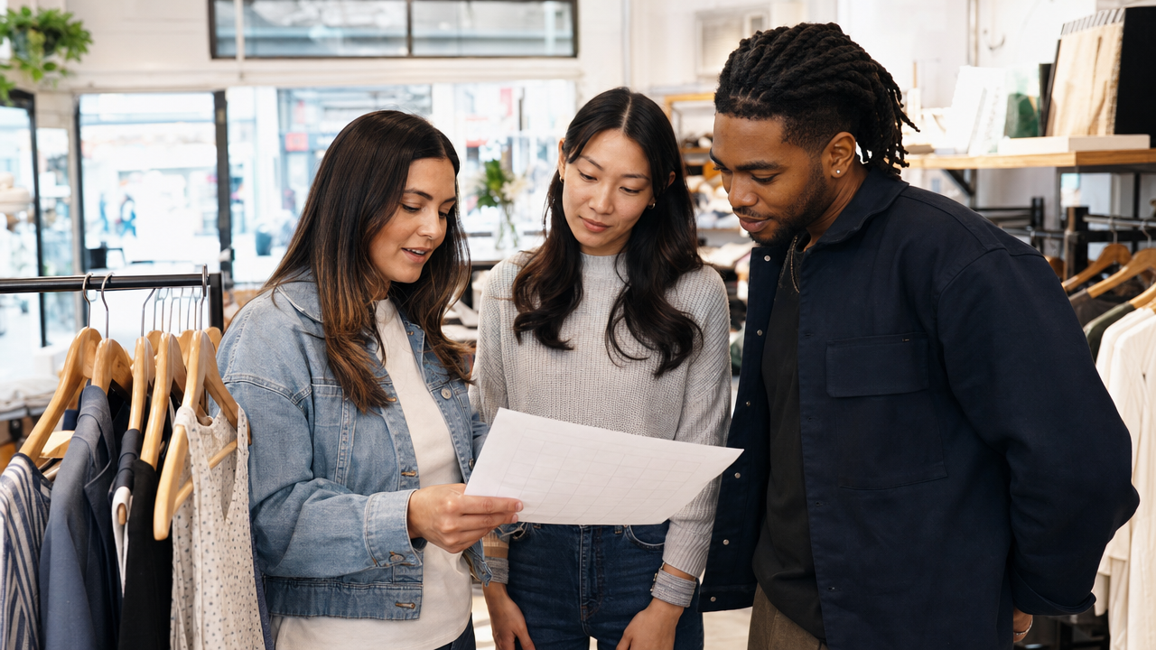 Retail store owner and associates reviewing a weekly staff schedule on the sales floor