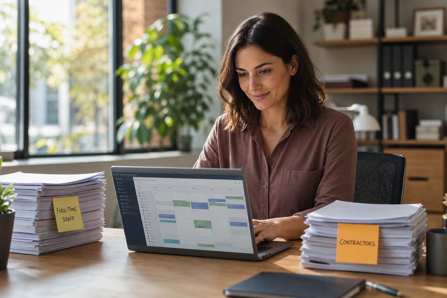 Business manager reviewing scheduling workflows on a laptop at a modern office desk