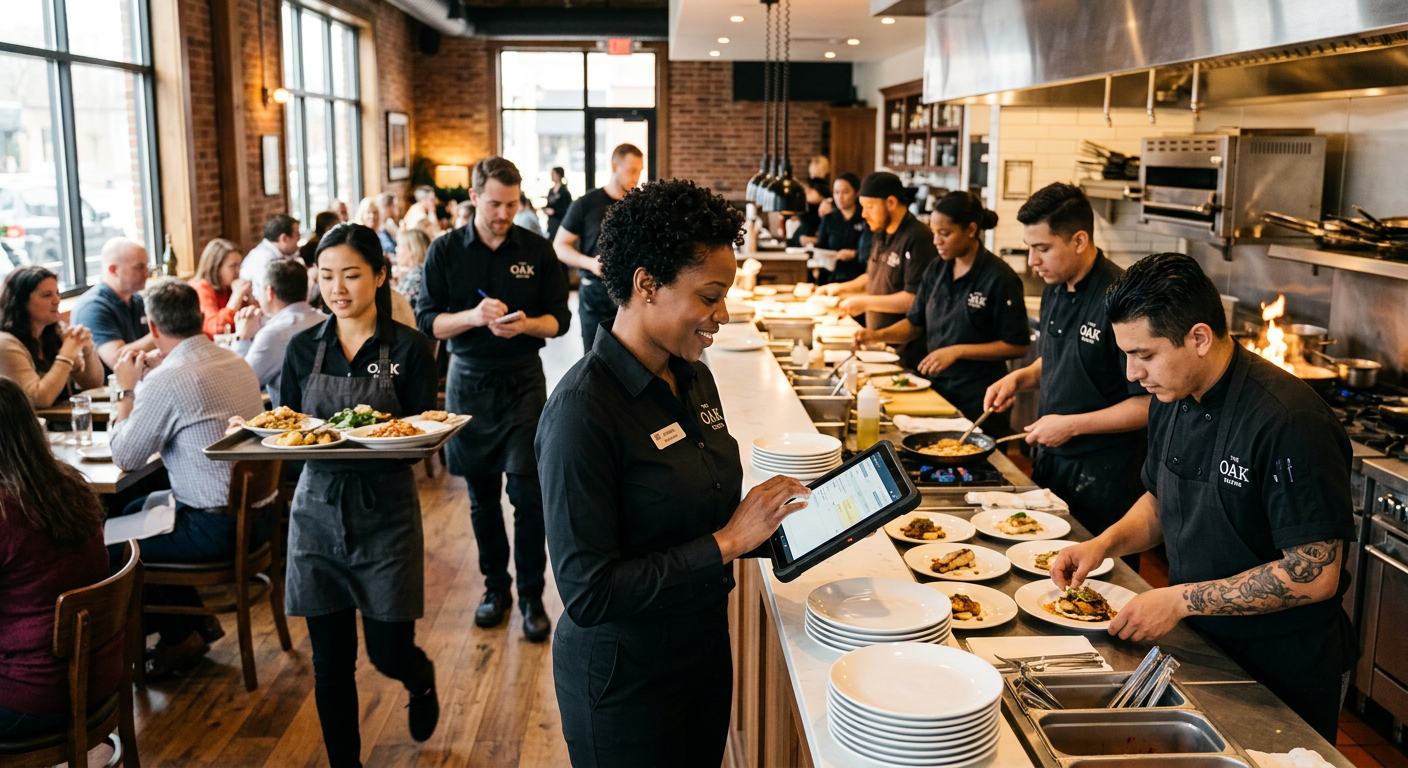 Restaurant servers and kitchen staff working together during a busy service while a manager checks the schedule on a tablet