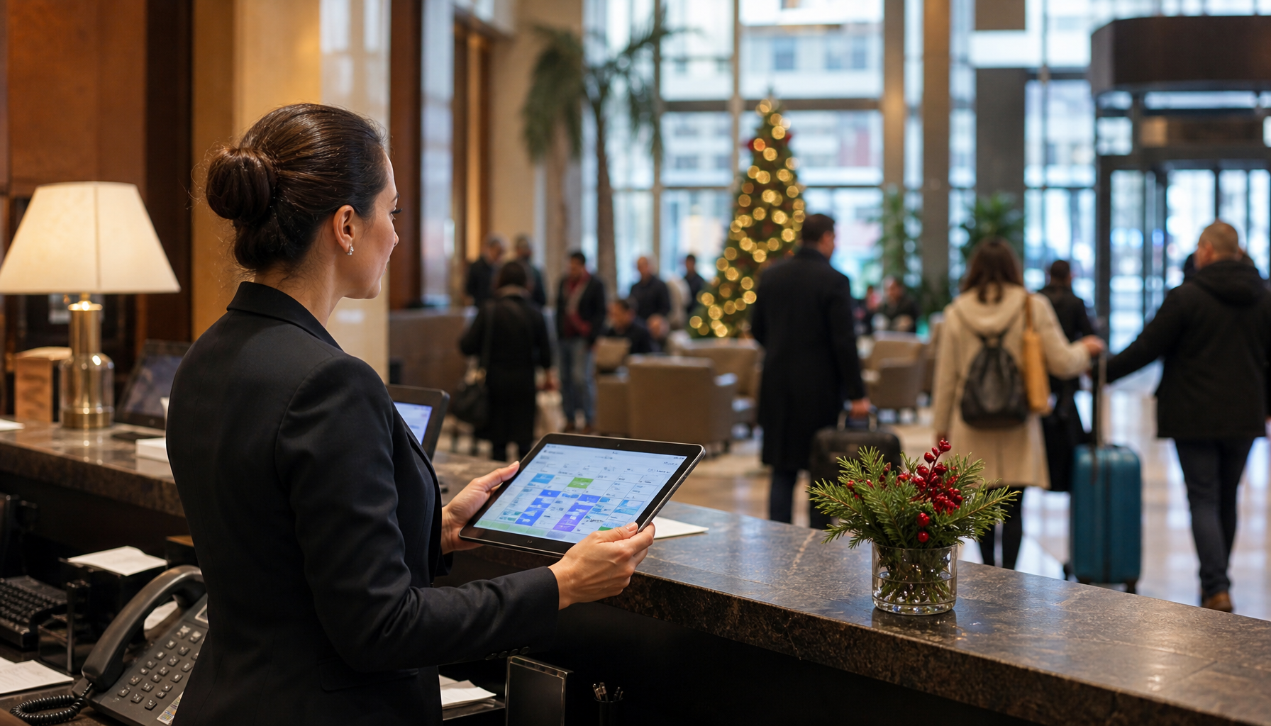 Hotel manager reviewing staffing data on a tablet at a busy front desk during a bank holiday weekend