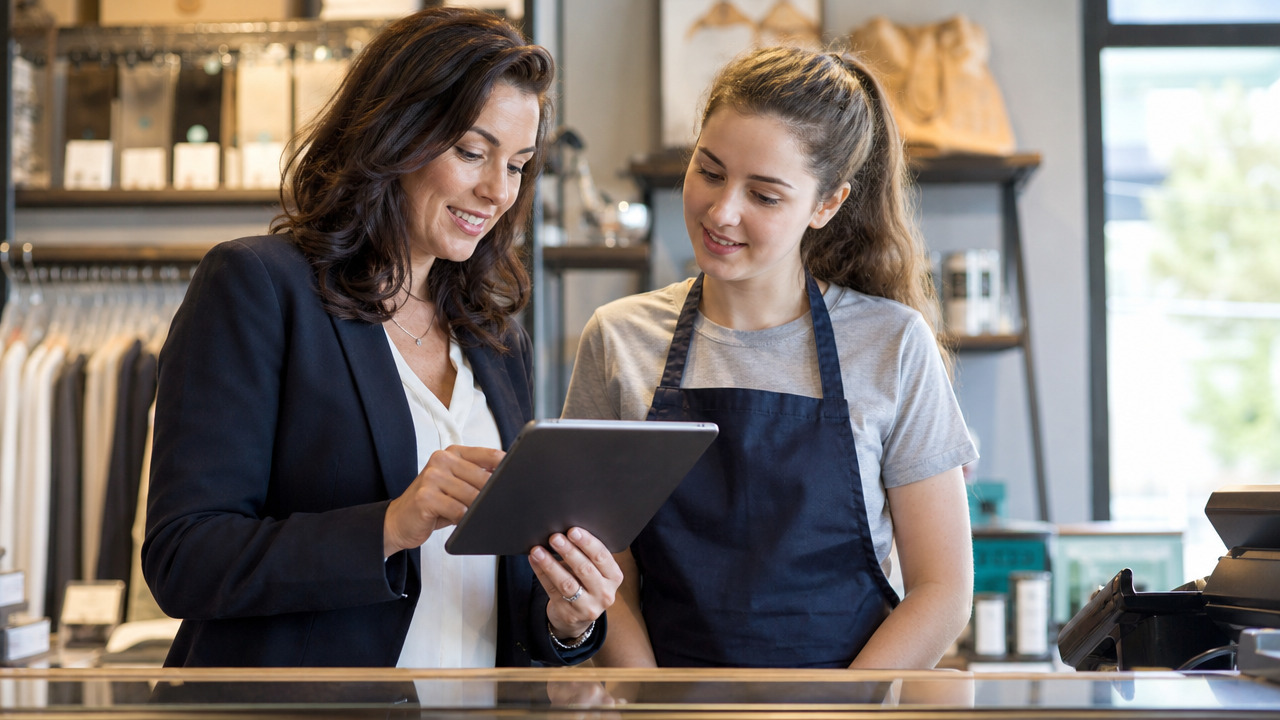 A retail shift manager and an hourly employee reviewing the staff schedule together on a tablet at a store counter