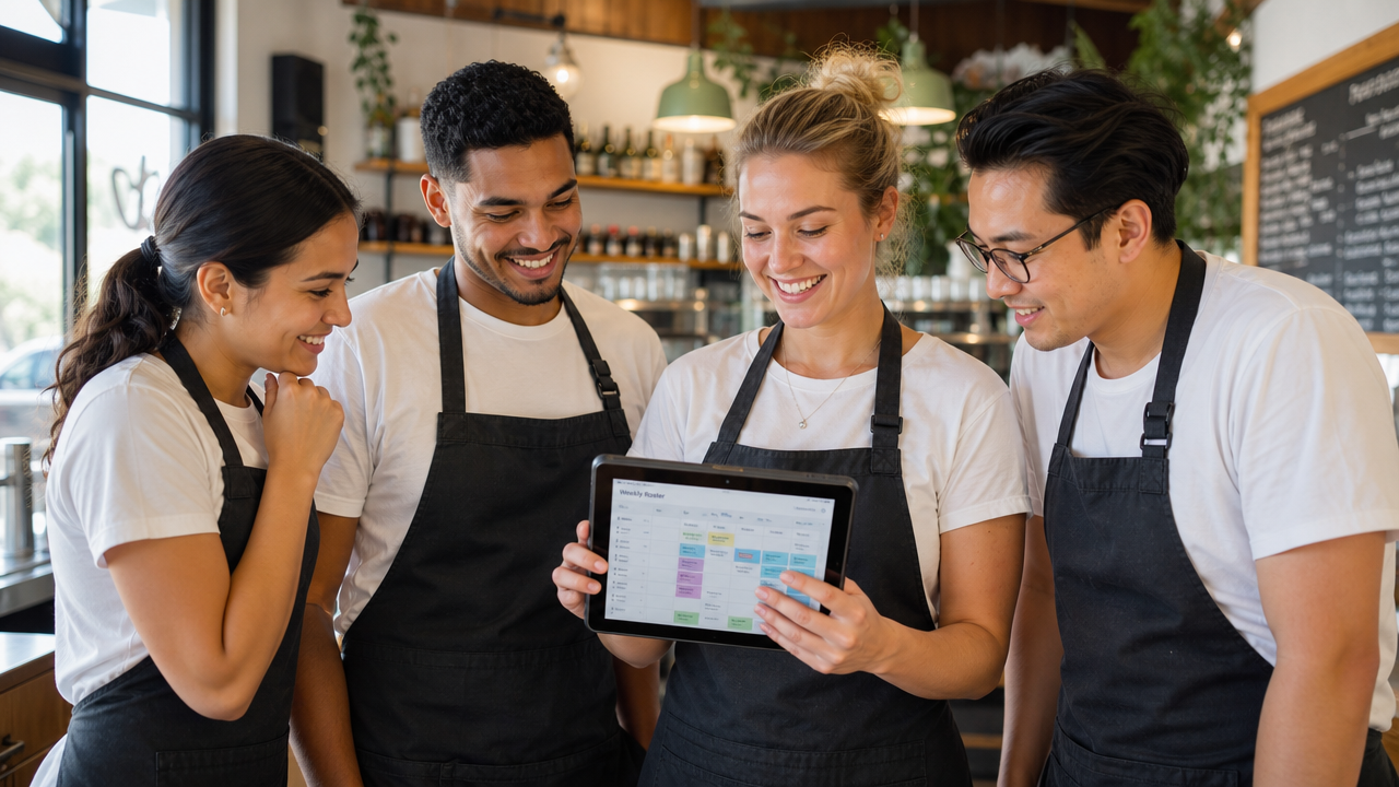 Hospitality workers in a modern Australian cafe checking a digital roster on a tablet