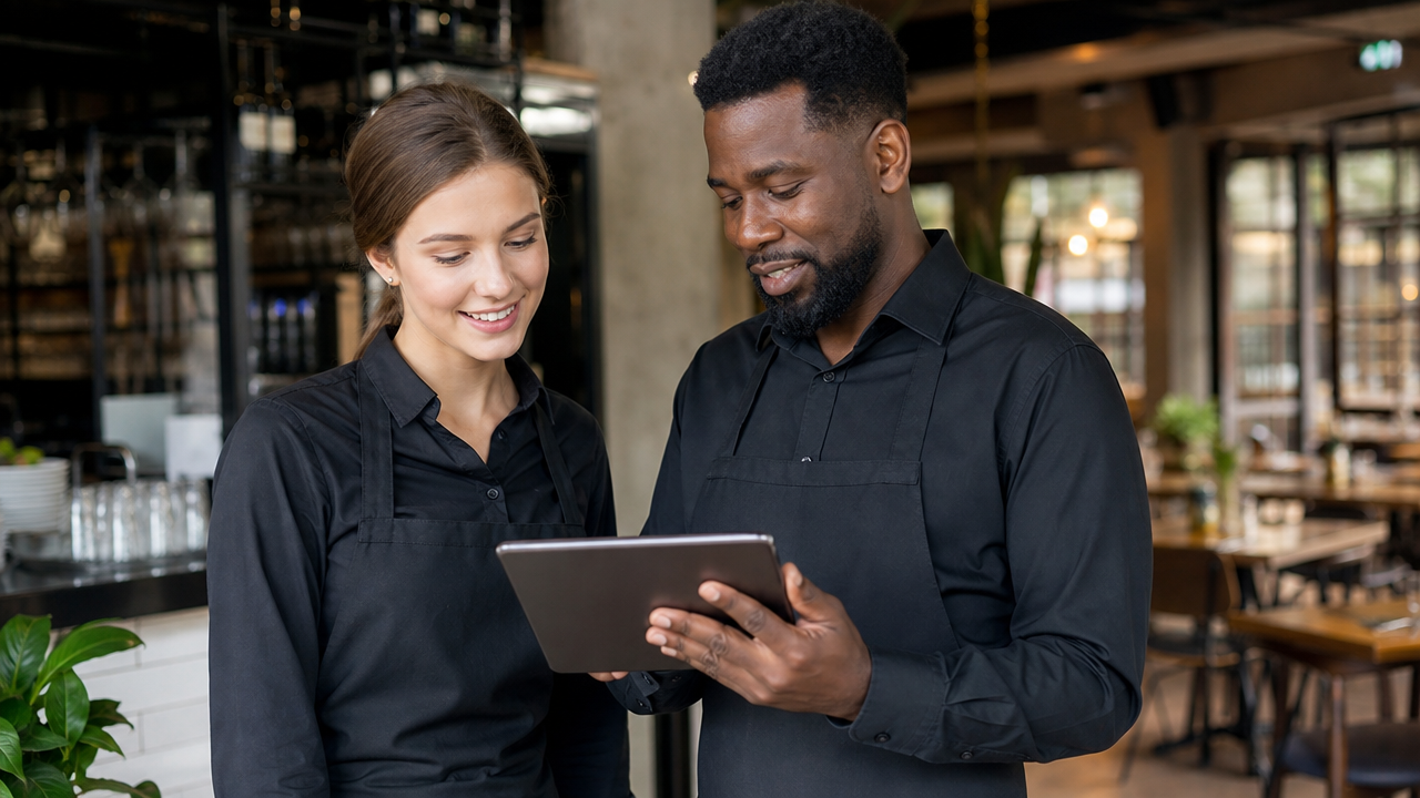 New hospitality employee being trained by a senior team member while both look at a tablet device in a restaurant