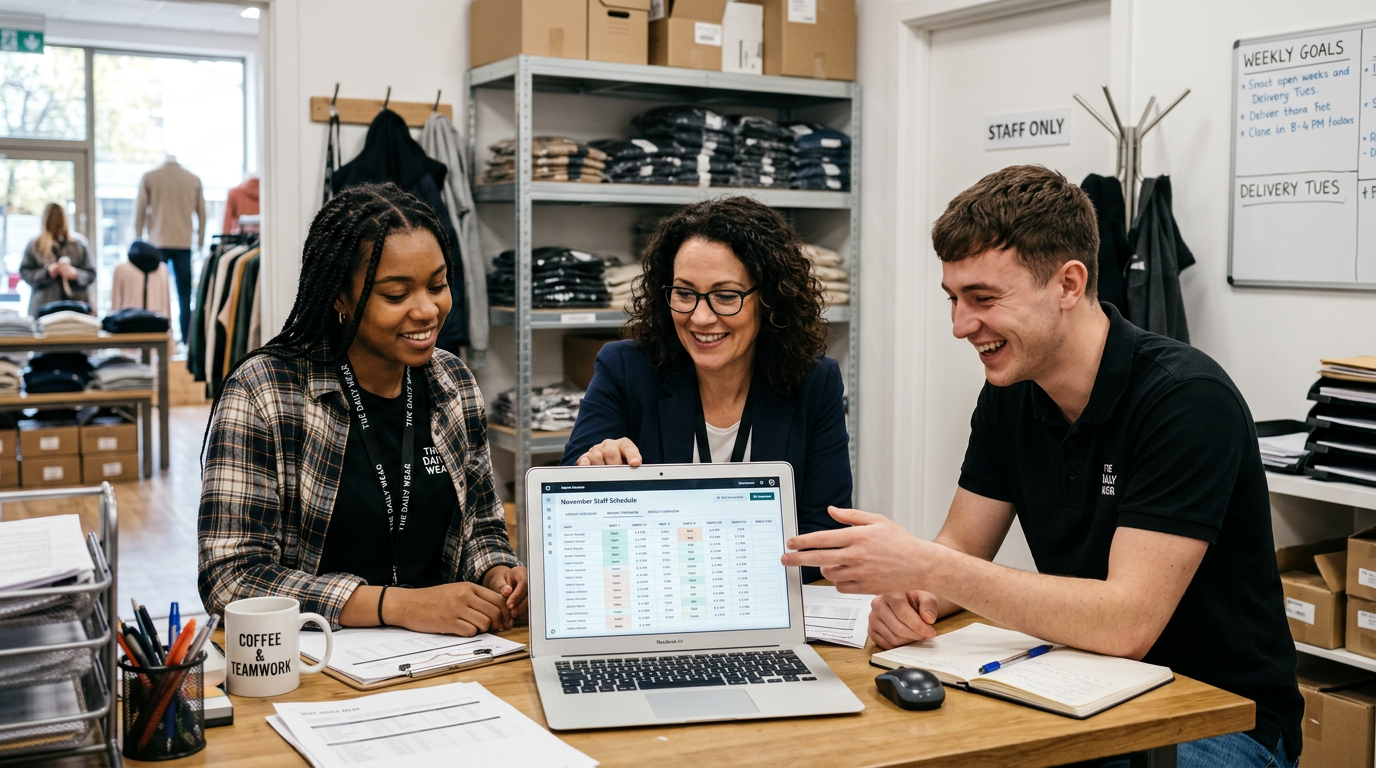 Retail store manager and two team members reviewing a staff schedule together on a laptop