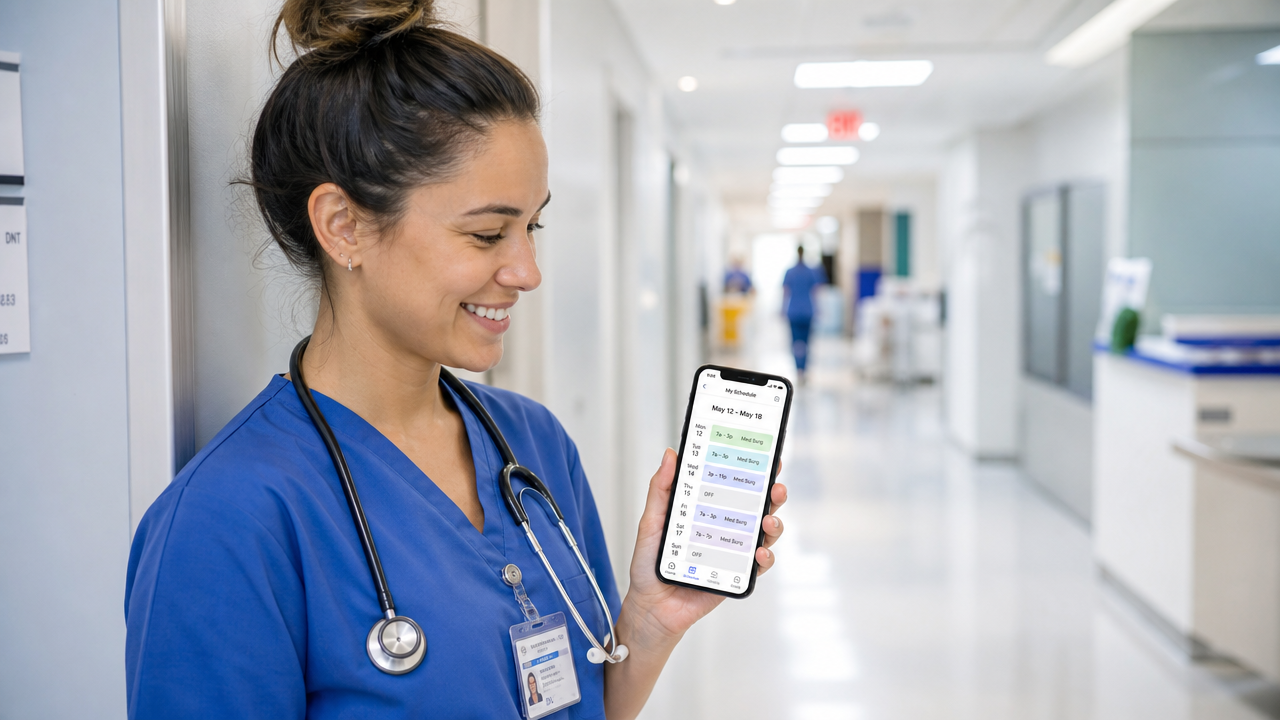 Nurse checking their shift schedule on a smartphone in a hospital corridor