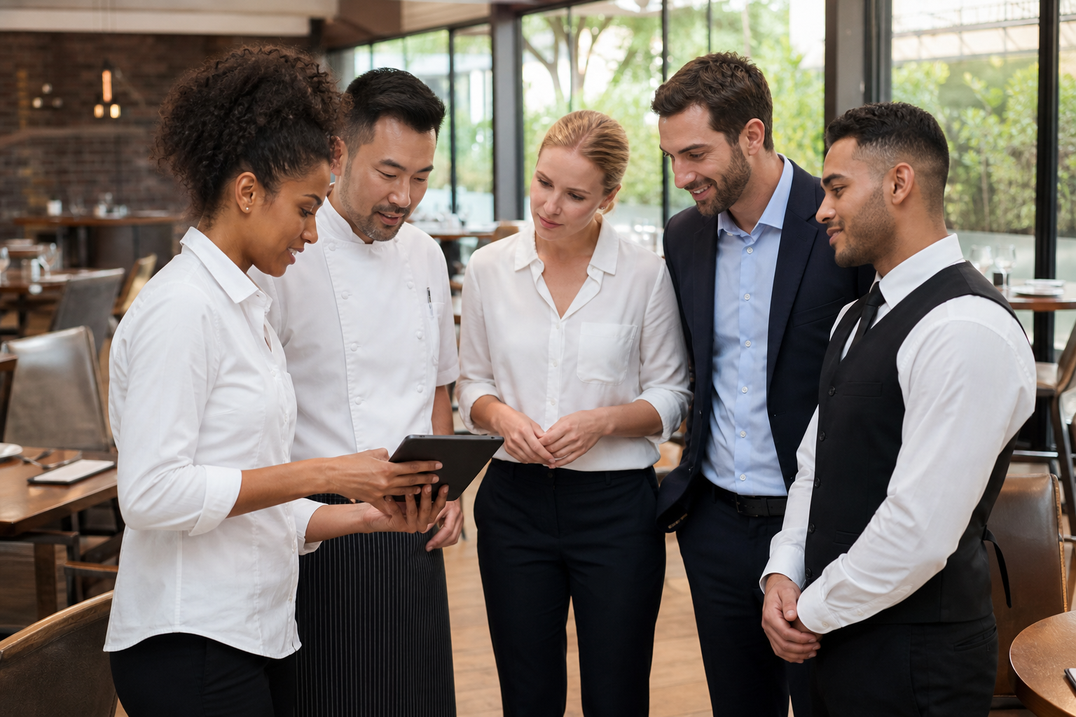 Restaurant managers reviewing a staff schedule on a tablet during a morning briefing