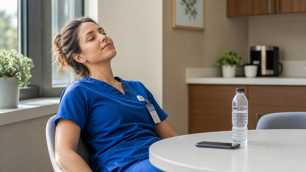 A nurse in blue scrubs resting comfortably in a bright break room between shifts