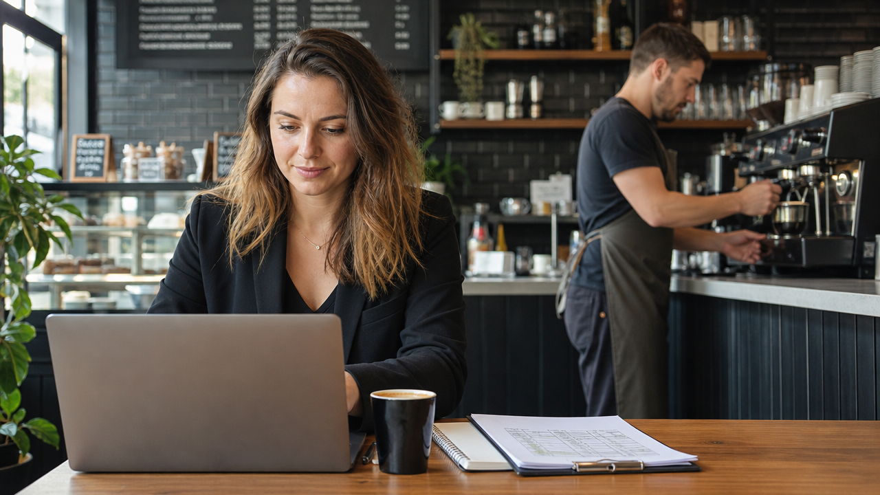 Cafe manager building a staff schedule on a laptop while a barista makes coffee in the background