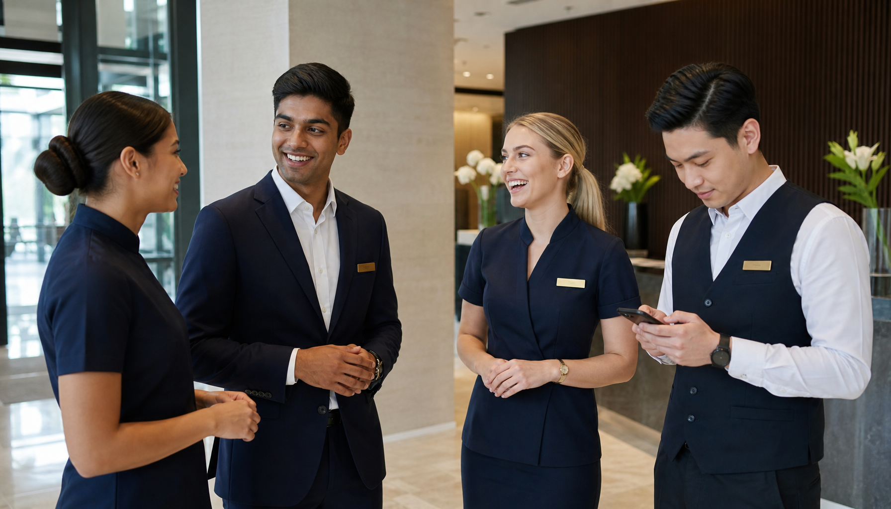 Young hospitality team at shift handover checking schedules on mobile phones