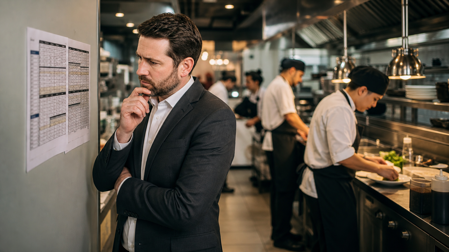 A hospitality manager reviewing a staff rota in a busy restaurant kitchen on a Friday evening