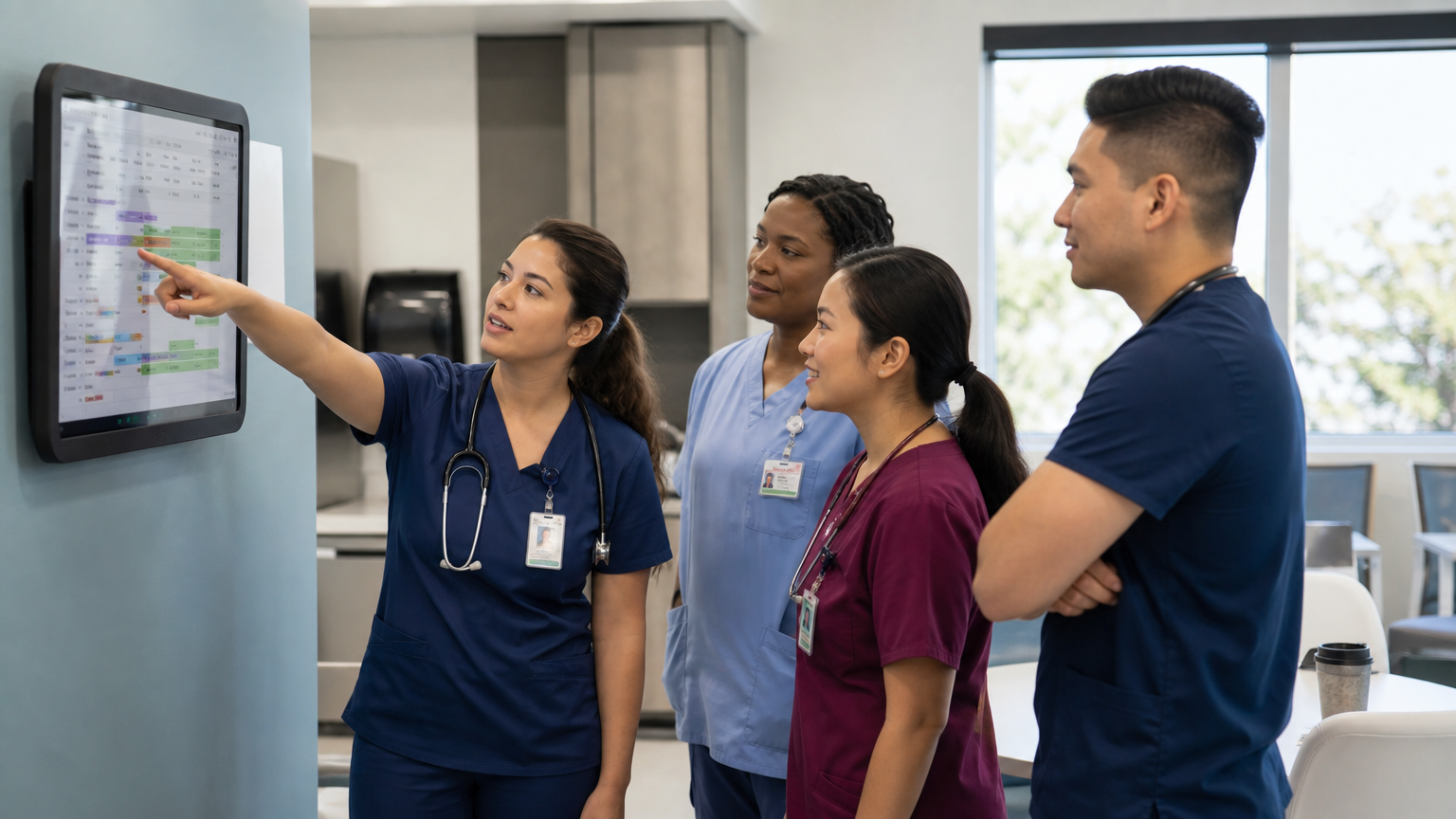 Healthcare team reviewing a digital schedule on a wall-mounted tablet