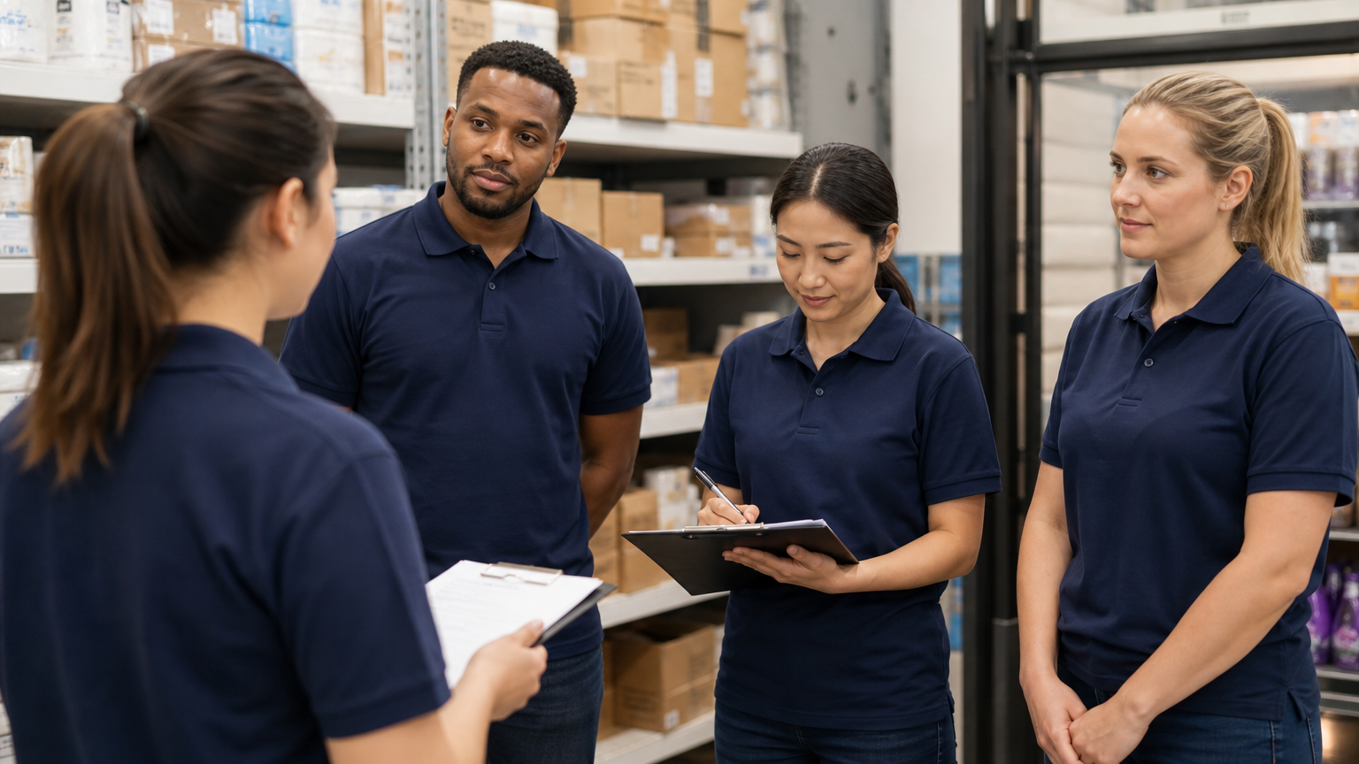 Retail team briefing in a shop stockroom with workers listening to a team leader