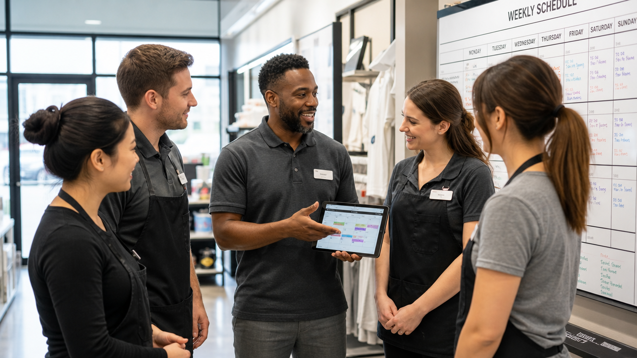 Retail workers having a positive team meeting around a scheduling board in a modern store