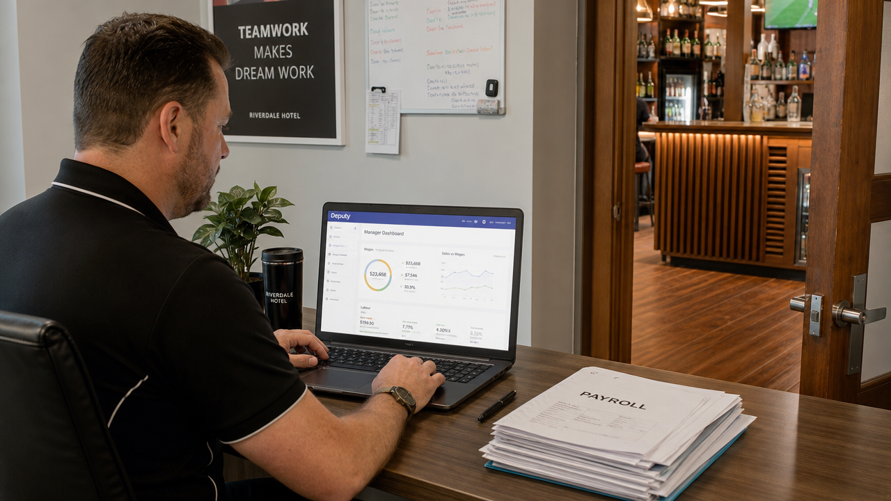 A pub manager reviewing workforce management software on a laptop with payroll documents nearby in a warm Australian pub office