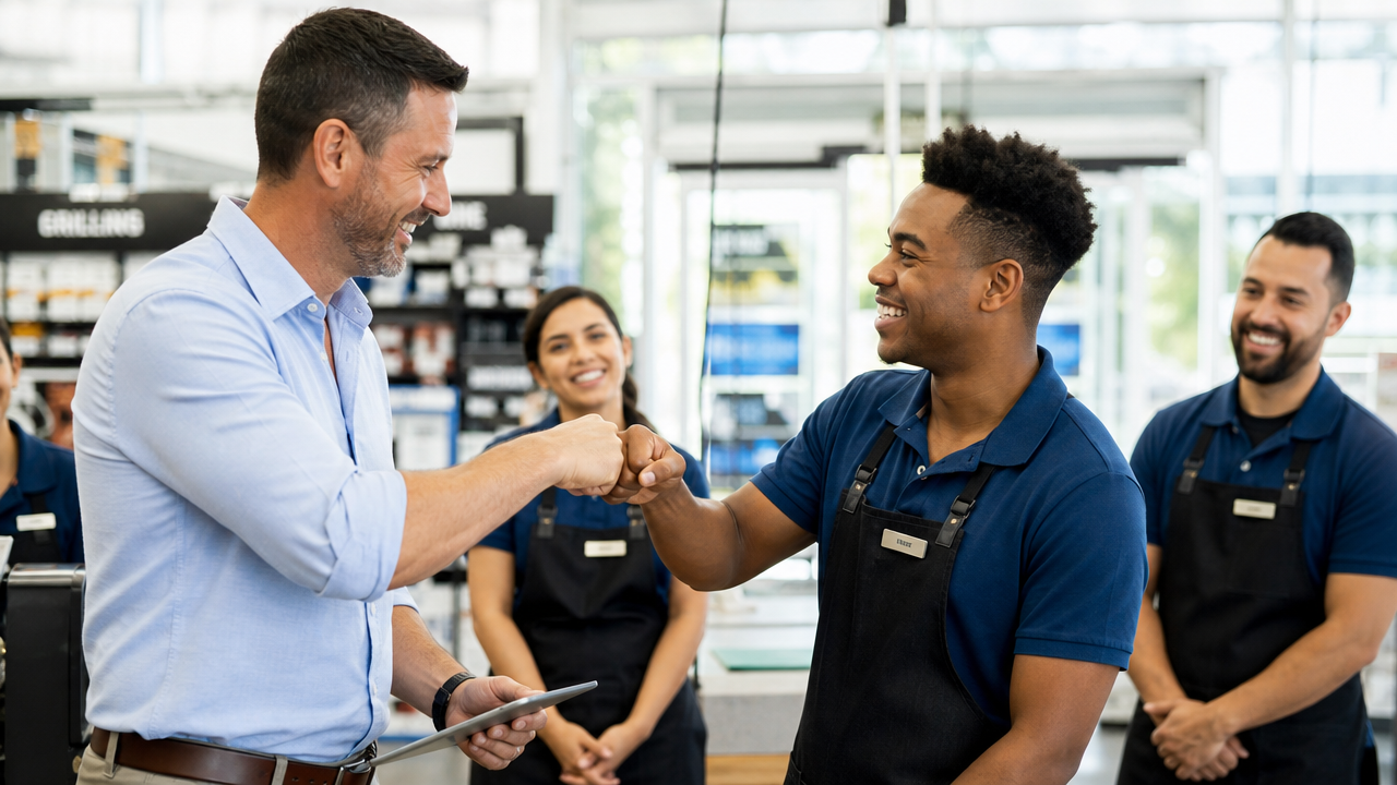 A retail store manager thanks an hourly team member with a fist bump on the shop floor while coworkers look on