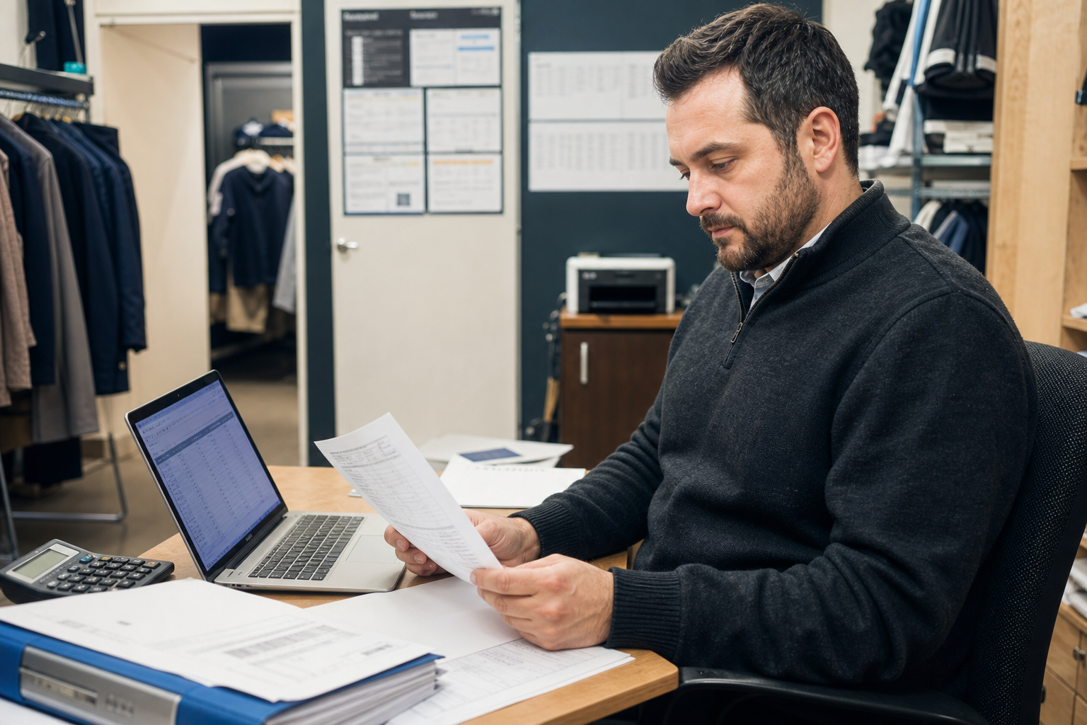 Retail manager reviewing payroll and employee timesheets at a desk