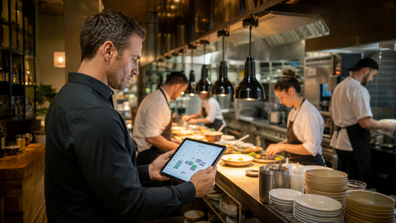 A hospitality manager reviewing a digital roster on a tablet in a busy restaurant kitchen during dinner service