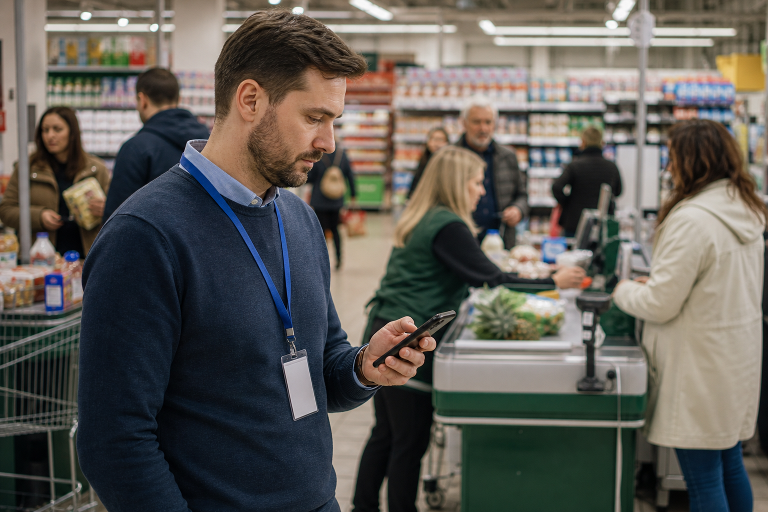Supermarket manager checking a scheduling app during a busy shift
