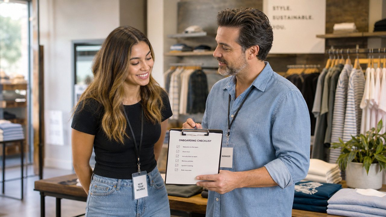 A manager welcomes and onboards a smiling new retail employee using a checklist on a clipboard in a clothing store