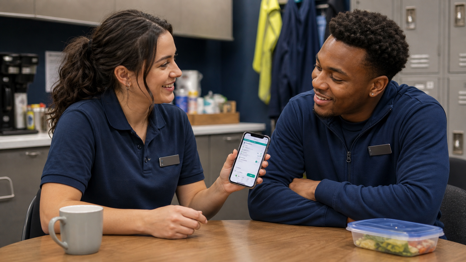 Two retail workers in a break room reviewing a leave request on a mobile phone