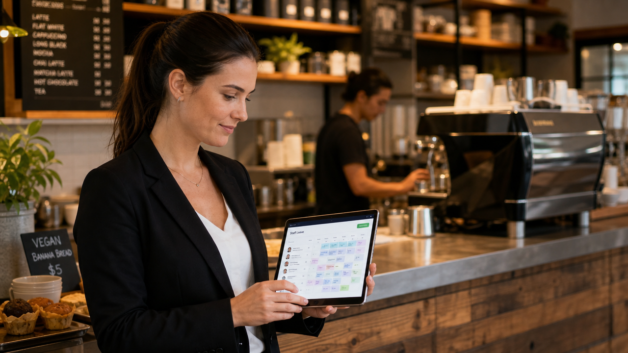 A hospitality manager reviewing a digital leave calendar on a tablet at a busy cafe counter