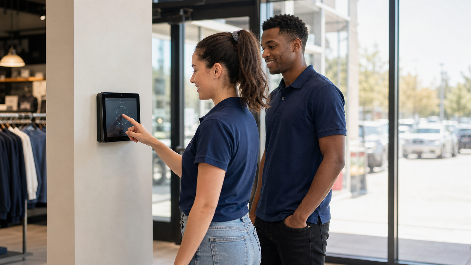 Two retail employees clocking in on a wall-mounted tablet time clock kiosk at a store entrance