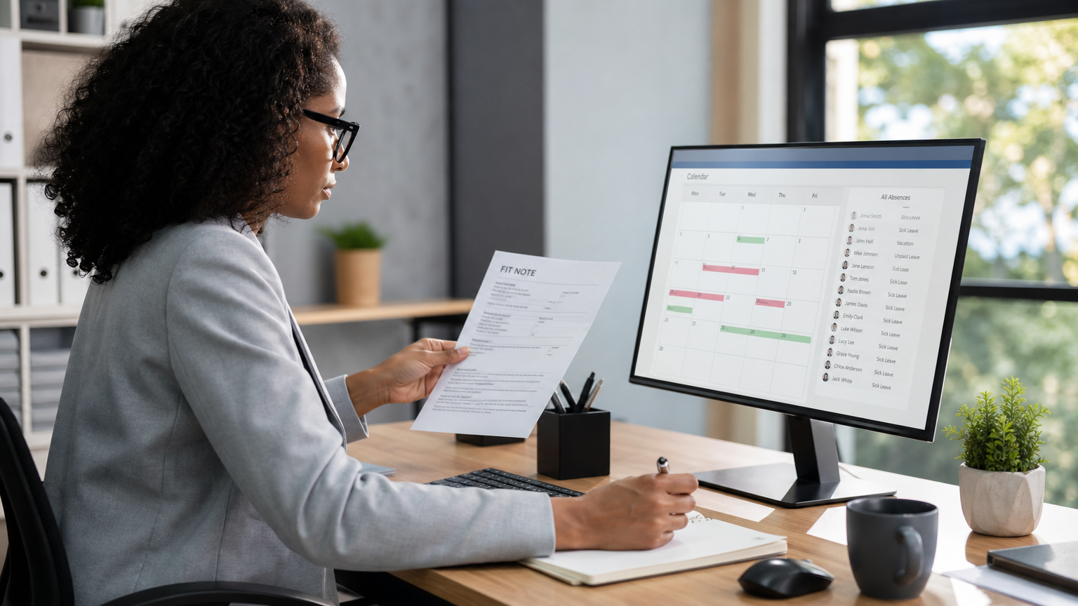 HR professional reviewing employee leave records on a computer screen in a modern office