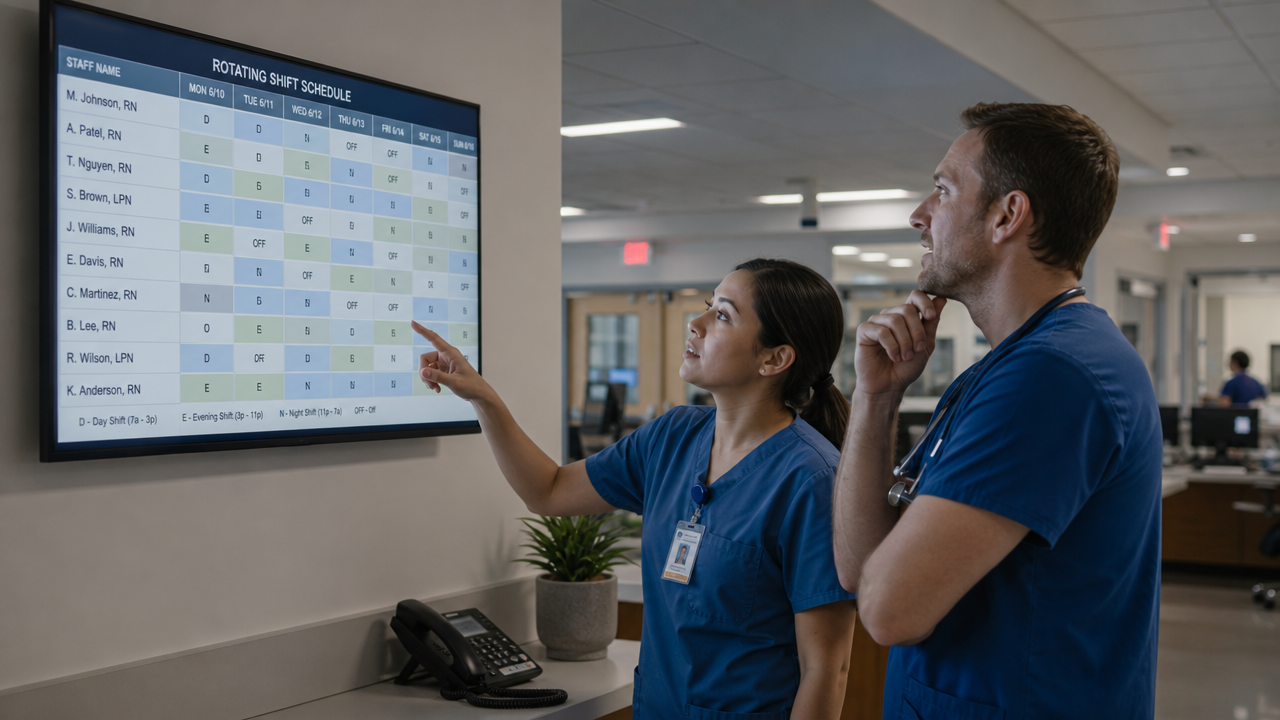 Two healthcare workers in scrubs checking a rotating shift schedule at a hospital nurses' station at night