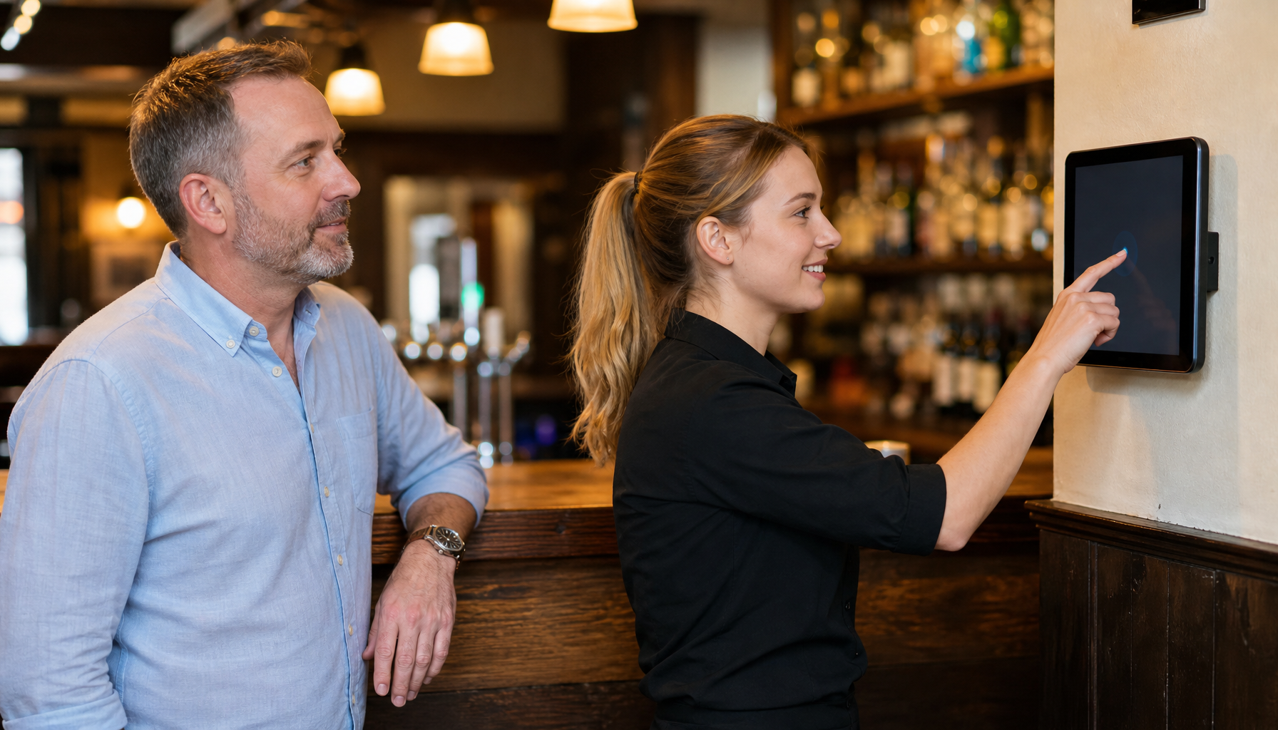 Staff member clocking in using a wall-mounted tablet at a pub counter