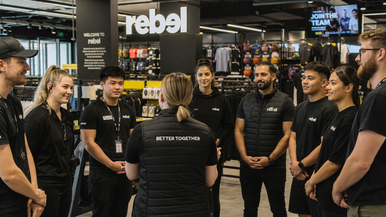 Diverse retail team huddles together before opening a store shift