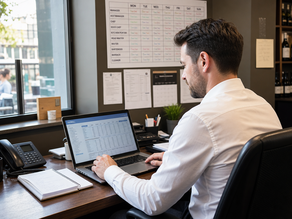 A hospitality manager reviewing payroll documents on a laptop in a restaurant office