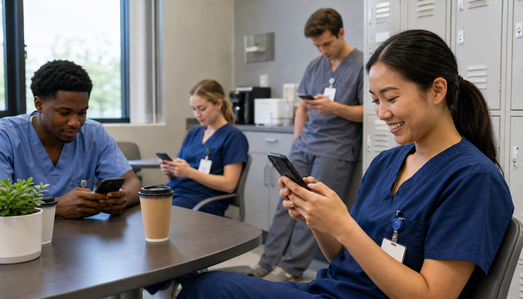 Healthcare workers checking shift notifications on mobile phones during a break