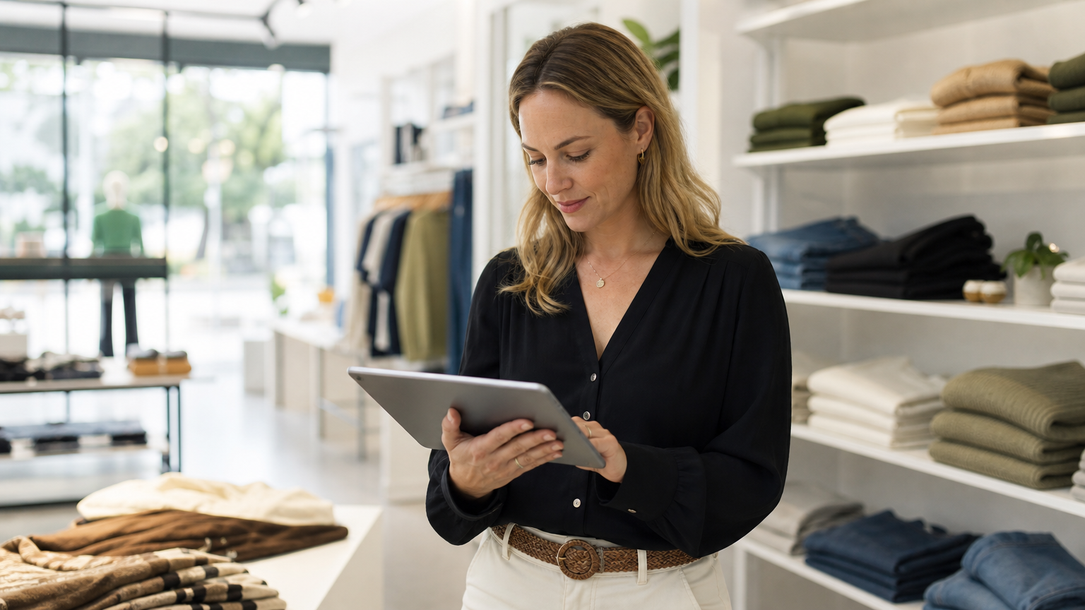 Retail manager reviewing a staff roster on a tablet in an Australian clothing store