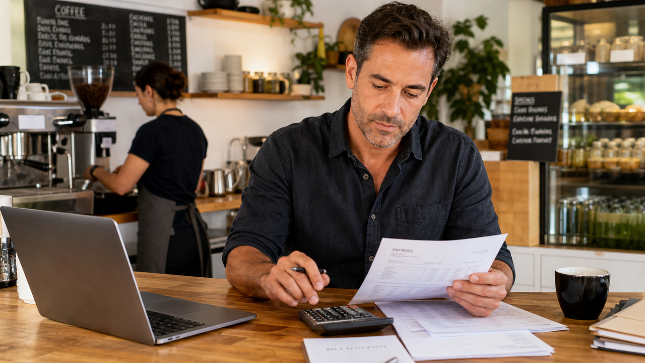 Small business owner reviewing payroll documents on a laptop at a cafe counter