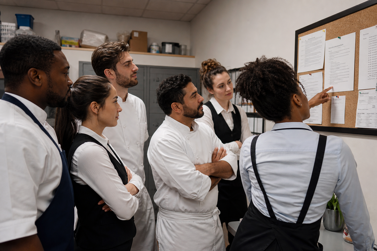 Restaurant team reviewing a tipping policy document on a noticeboard in the break room