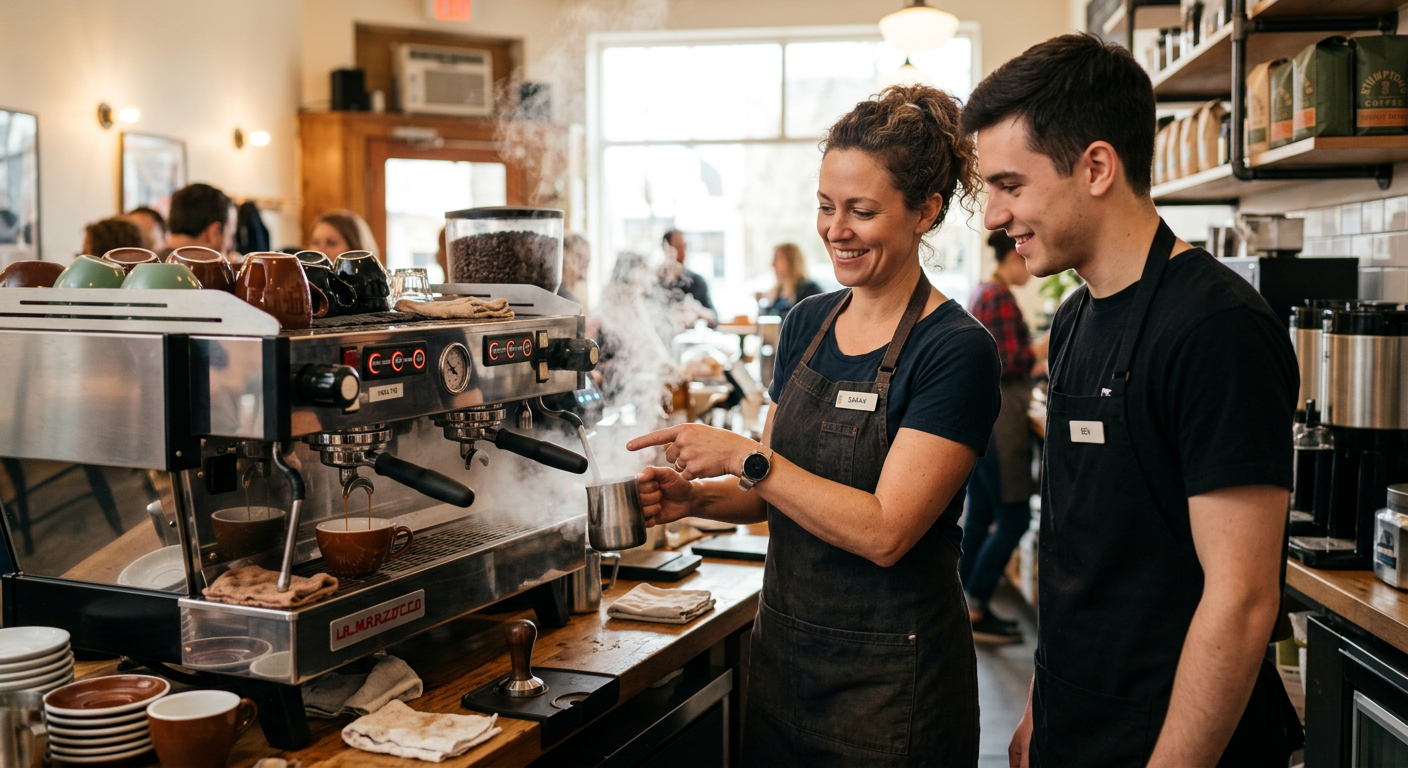 An experienced barista shows a new hire how to use the espresso machine