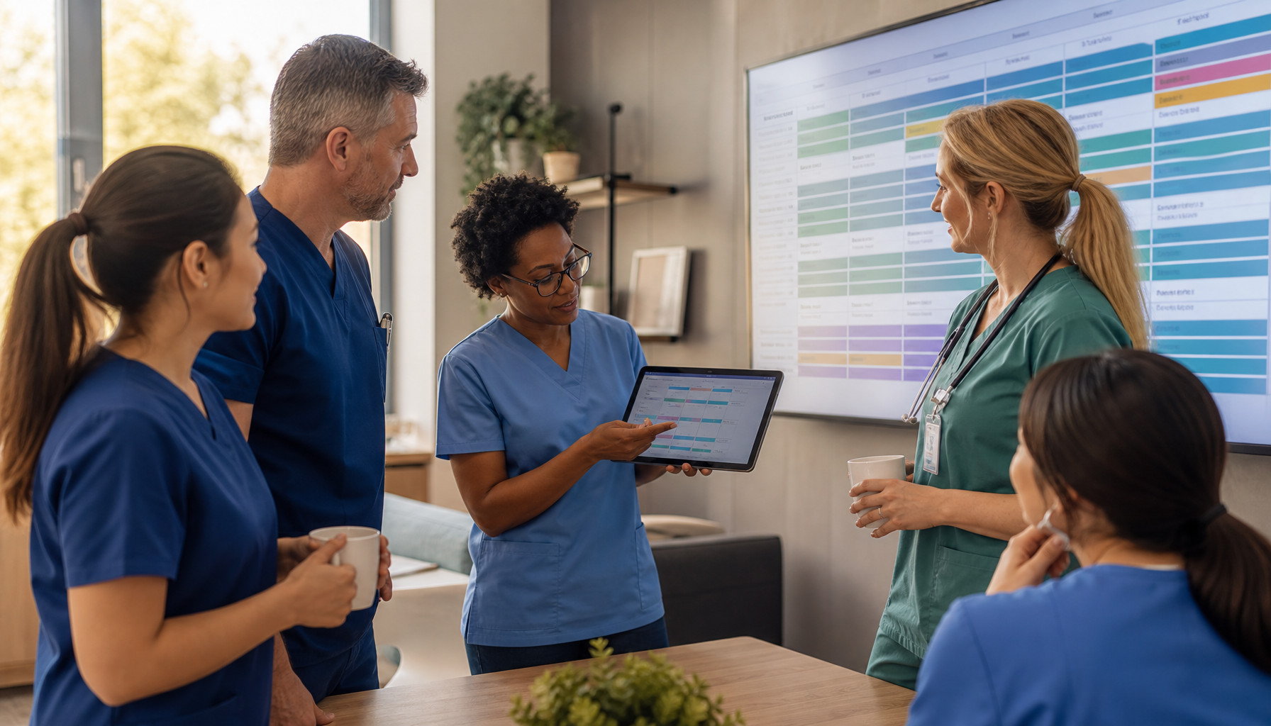 Healthcare workers reviewing a digital scheduling board in a hospital break room