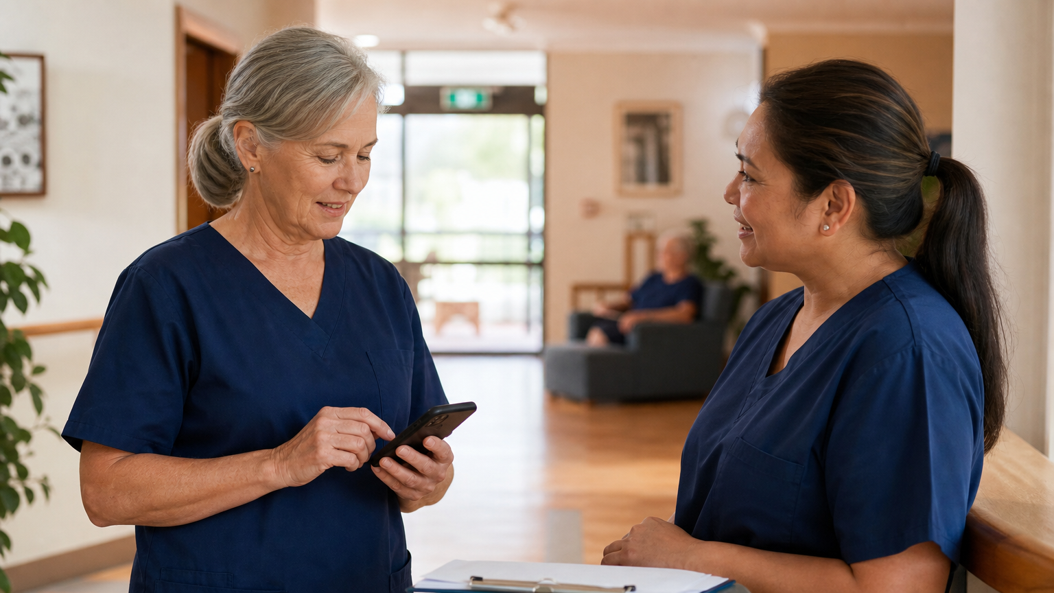 Two aged care nurses in scrubs during a shift handover in a care home corridor