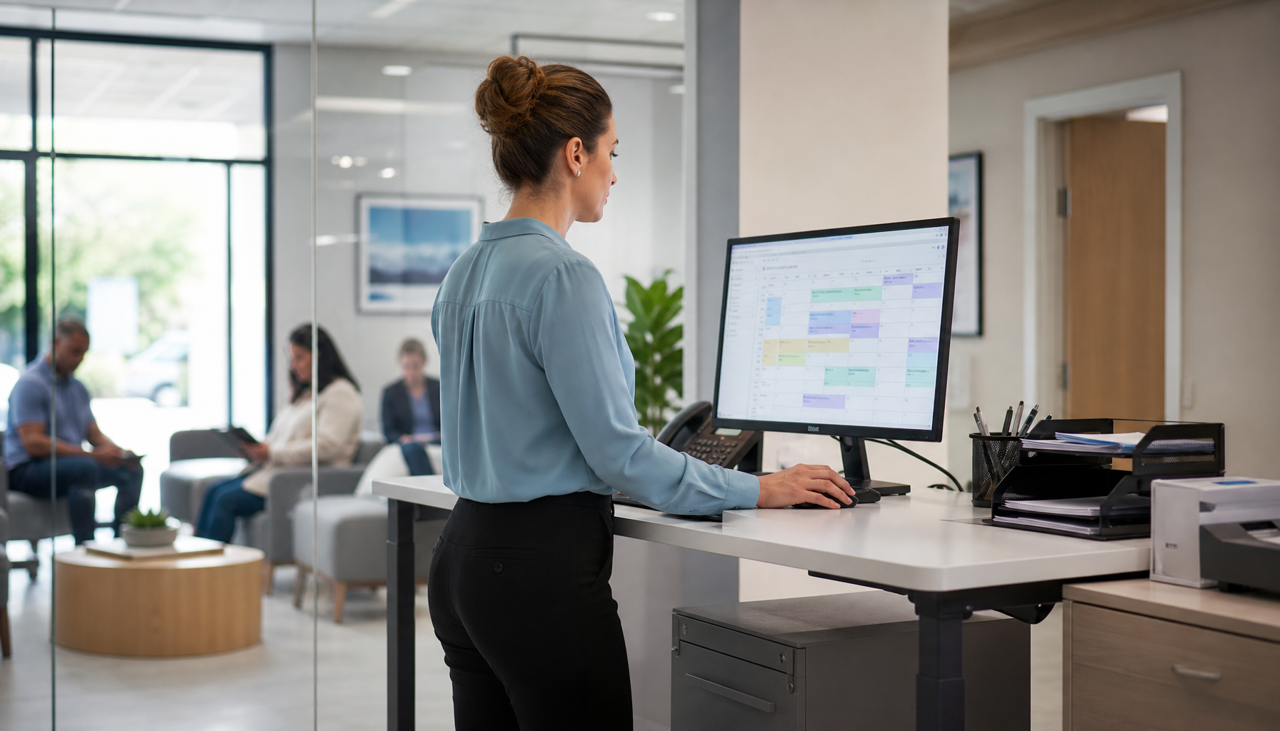 Healthcare administrator using scheduling software at a standing desk in a modern clinic