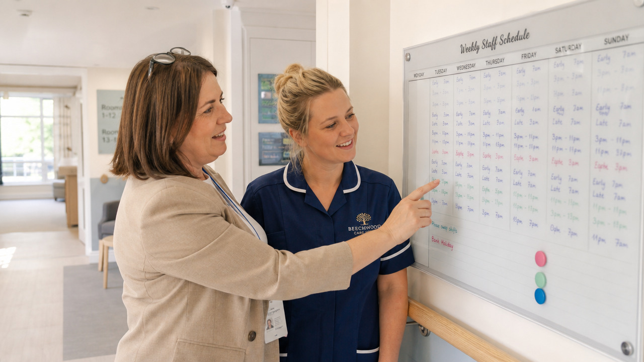 Care home manager and carer reviewing a weekly shift schedule on a wall planner in a bright care home