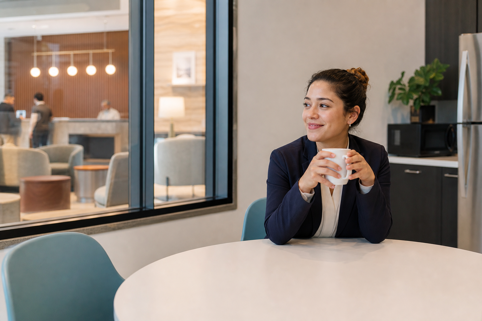Hotel employee taking a break in a modern break room with coffee