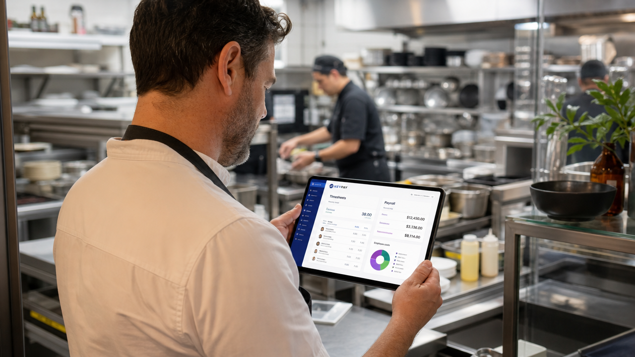 Restaurant manager reviewing timesheet and payroll data on a tablet in a hospitality setting